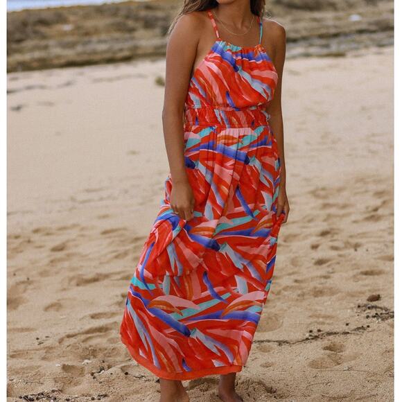Cloth & Stone Midi Dress SMALL Red Abstract Print Beach Vacation Halter Tie NEW - Picture 1 of 11